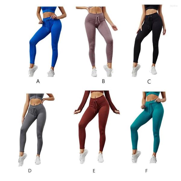 Calças ativas femininas leggings com nervuras sem costura listras com cordão calças de yoga cintura alta absorventes de suor calças justas esportivas cameo marrom