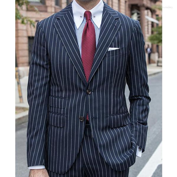 Ternos masculinos azul marinho risca de giz homens de negócios para casamento 2 peças formal noivo smoking conjunto de roupas masculinas moda jaqueta com calças