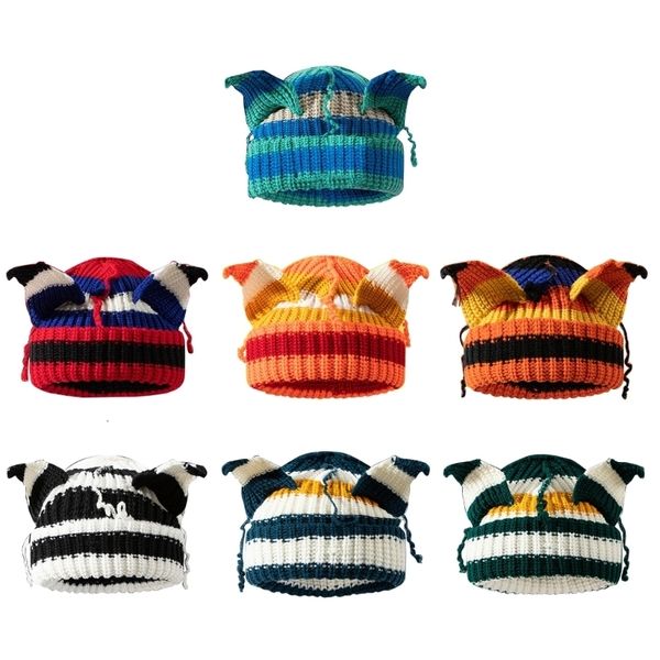 BeanieSkull Caps Handgewebte Damenmütze Winter Warm Strickmode Y2K Teufelshorn für Teenager Mädchen Frauen Cosplay Kostüm Kopfbedeckung 230808