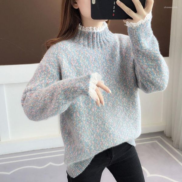 Damenpullover Herbst Winter Spitze Patchwork Rollkragenpullover Frauen Casual Dicke Langarm Strickpullover Weibliche Jumper Tops