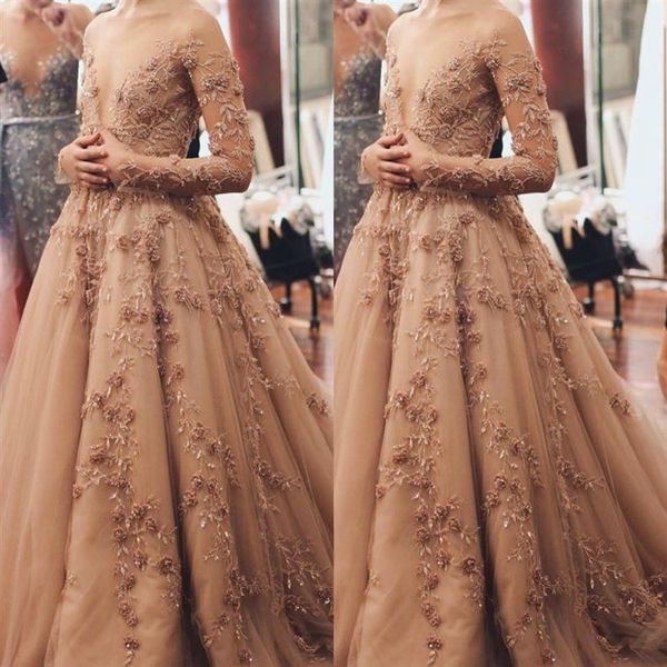 Paolo Sebastian Champagne Prom Dresses Maniche lunghe Abito da sera con perline in pizzo floreale con scollo a V Abiti con strass lucidi2477