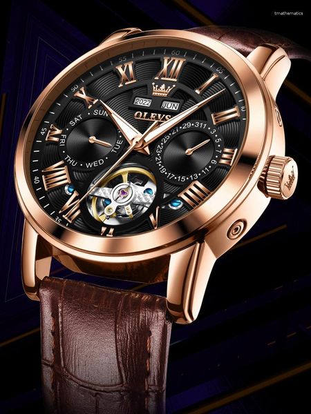 Начатые часы оригинальные Olves Men Mechanical Watches Business Leather Strap Man Автоматические наручные часы светящиеся вечные календарь часы для