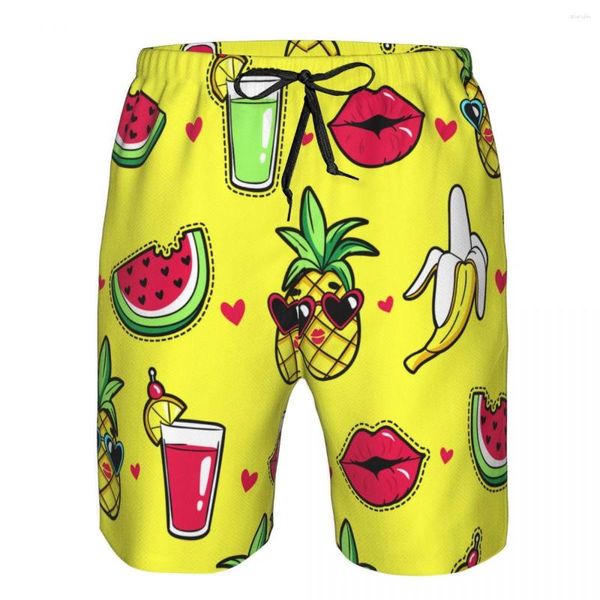 Shorts Masculino Tropic Abacaxi Lábios Coquetel Melancia Banana Secagem Rápida Natação Roupa de Banho Maiô Maiô Calção de Banho Roupa de Praia