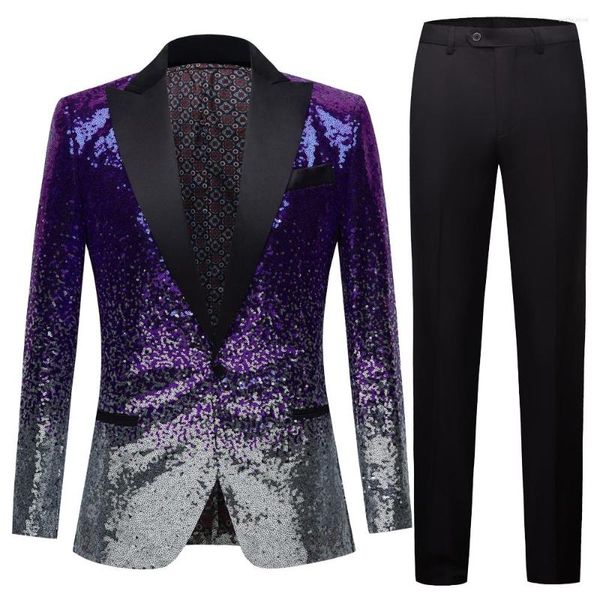 Ternos masculinos elegantes preto azul violeta duas cores lantejoulas ajuste fino blazers brilhantes festa baile de formatura palco DJ cantores terno jaqueta traje blazer