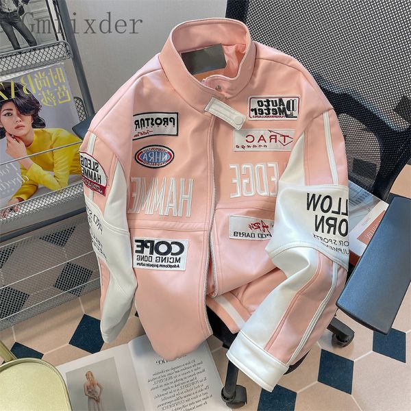 Женские куртки Gmiixder Мотоциклевая кожаная куртка Unisex High Street Hiphop Pink Bomber Jacket Американская атмосфера