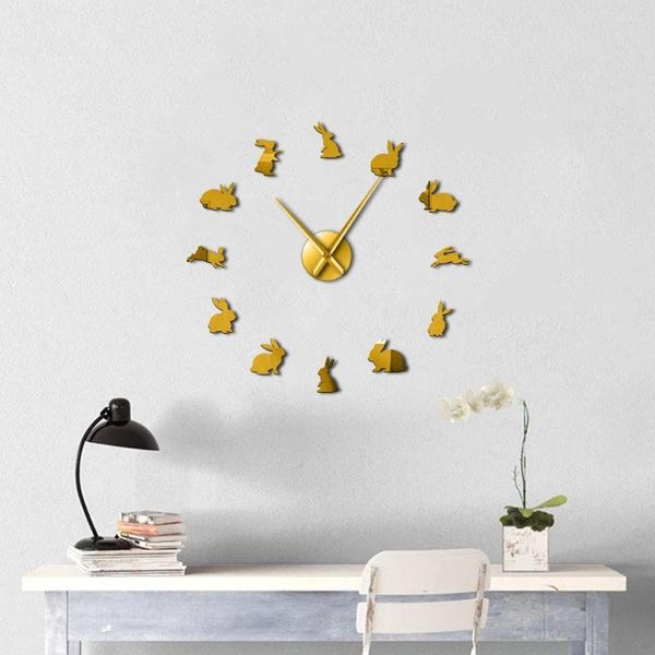 Orologi da parete Conigli Frameless Fai da te Grande orologio Nursery Art Specchio Adesivi Kid Room Home Decor Guarda Pasqua