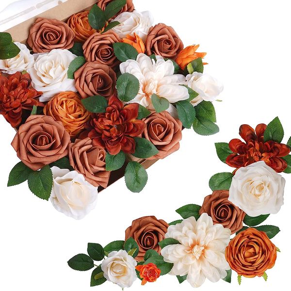 Coroas de flores decorativas Yan Outono Terracota Conjunto de combinações de flores rosas com hastes para casamento no outono, chá de bebê, decoração de mesa faça você mesmo 230808