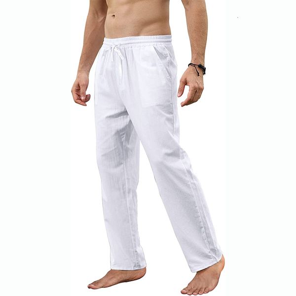 Calças masculinas de linho de algodão soltas primavera casual masculino respirável cor sólida comprimento total calças de corrida de ioga 230808