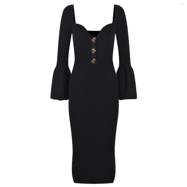 Vestidos Casuais Elegante Camisola de Malha Branca Vestido Feminino Outono Inverno Manga Longa Bodycon Midi Natal Preto Feminino