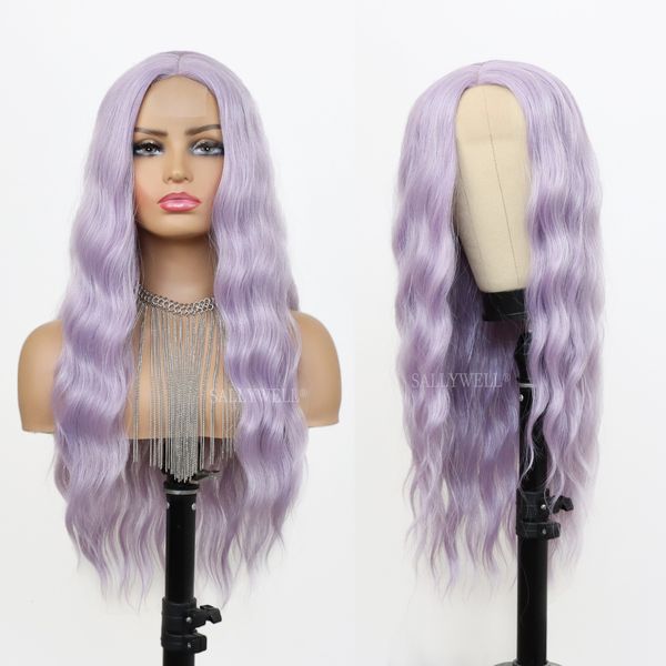 Кружевные парики пастельные пурпурные парики 24 дюйма в кудрявые волнистые волосы теплостойкие волокна, синтетические для женщин 230807