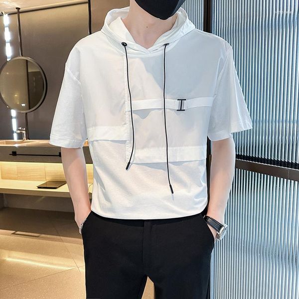Camisetas masculinas 2023 moda com capuz retalhos manga curta camiseta verão streetwear preto branco faculdade jovem menino chapéu camisetas homem
