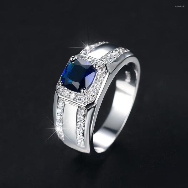 Anéis de casamento de luxo masculino pedra azul real redondo para homens mulheres cor prata zircão bandas promessa casal anel de noivado jóias