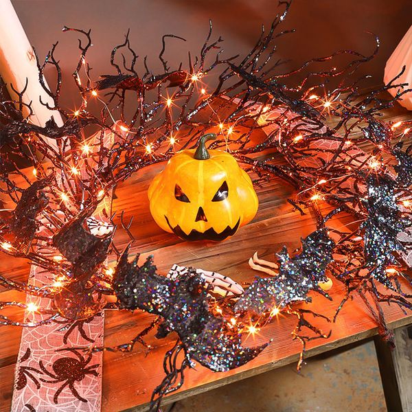 Outros artigos para festas de eventos Guirlanda de Halloween Ramos artificiais de árvores mortas Morcegos Anel de luz LED Pendurado Decoração não eletrificada 230808