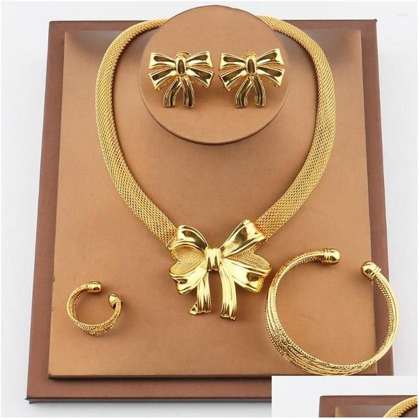 Orecchini Collana Set Africa Nigeria Bowknot Gioielli Moda Dubai Bracciale Orecchino Donna S Accessorio per feste Regalo Goccia Deli Dhgarden Dhzm5