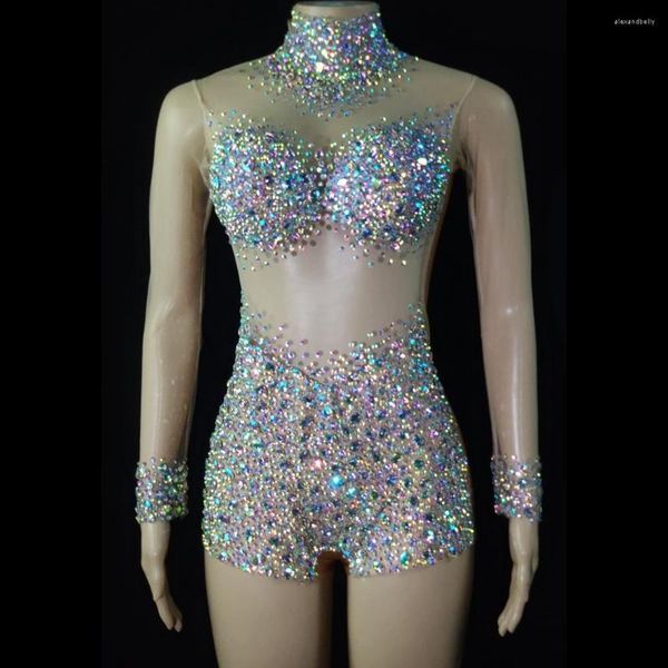 Stage Wear Lussuoso body con strass AB Sexy See Through Crystal Dance Costume Women Nightclub Party Birthday Outfit Show