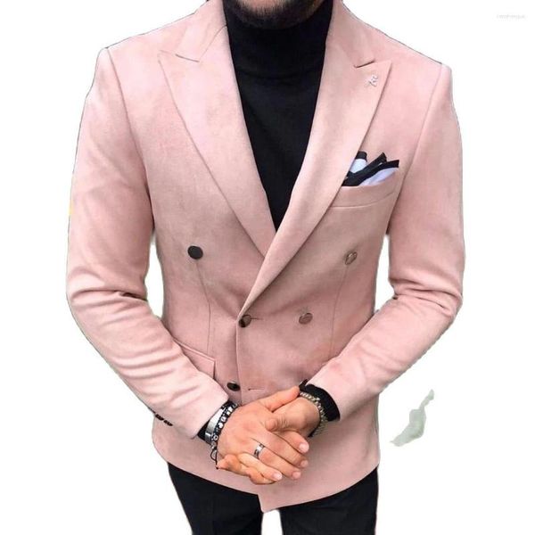 Erkekler Pembe Süet Düğün Erkekler Çifte Bravatalı Smokin Terno Maskulino Prom Damat 2 PCS İnce Fit Partisi Blazer Ceket Pantolon