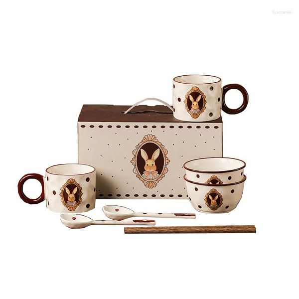 Geschirr-Sets Design-Keramik-Geschirrset für 2 Personen, Porzellanschüssel, Löffel, Essstäbchen, Tasse, groß, unter Glasur, gutes Geschenk