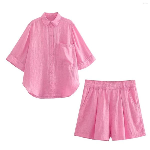 Conjunto de agasalhos femininos feminino 2 peças 2023 moda bolso blusas de linho vintage linho misturado shorts camisas femininas top chique