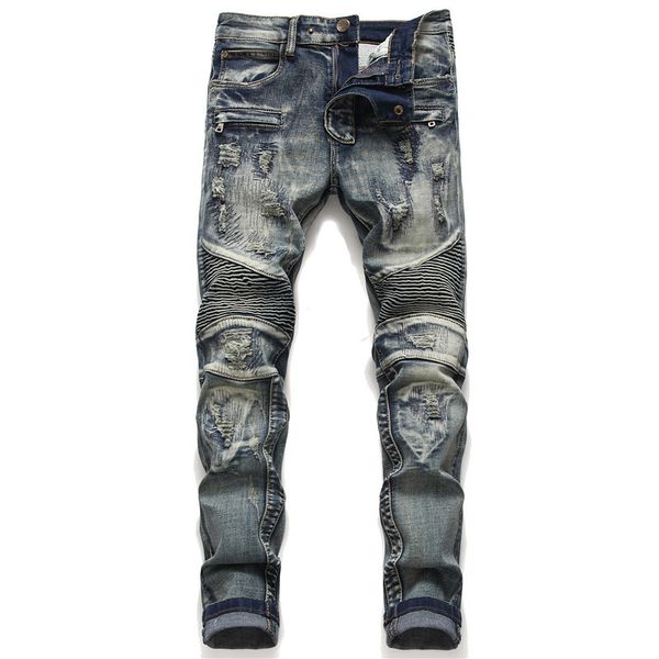 Calças vintage de tecido amassado e rasgado esticam pequenas retas jeans motociclistas de cintura média para homens Jeans de grife Calças jeans masculinas Calças da moda Mais vendidas