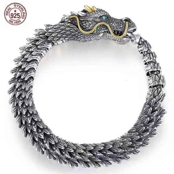 Bileklik S925 STERLING Gümüş Fierce Dragon Bilezikler Viking Demine Siyah Silah Ejderha Erkekler Bilezik Hip Hop Rock Takı Bileklik 230807