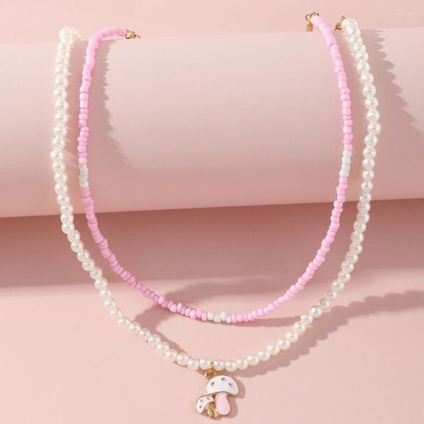 Anhänger Halsketten 2023 Nette Rosa Stil Handgemachte Perlen Halskette Für Mädchen 2 stücke Imitation Perlen Choker Pilz Schmuck Geschenke