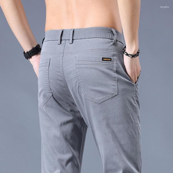 Calça Masculina Verão Macio Tecido Lyocell Business Fino Slim Pant Cintura Elástica Coreia Cor Sólida Stretch Calças Casuais Masculino