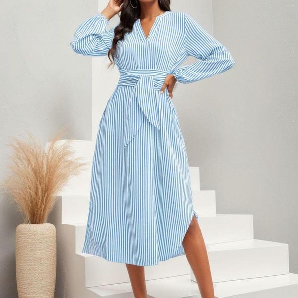 Vestidos casuais femininos com decote em V listrado camisa longa com faixas vintage cintura alta punhos elásticos corte reto robes assimétricos oversized