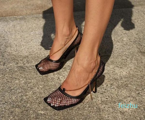 Seksi örgü kadın sandaletler kare ayak parmağı yüksek topuk kadın pompalar zincir stiletto içi boş parti elbise pompaları ayakkabı bahar yaz