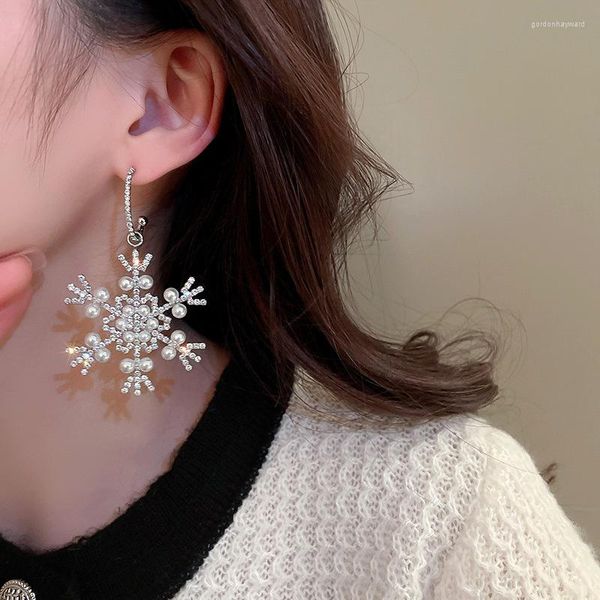 Brincos pendentes 2023 prata agulha pérola inserção strass floco de neve Natal feminino estilo vintage broche jóias acessórios