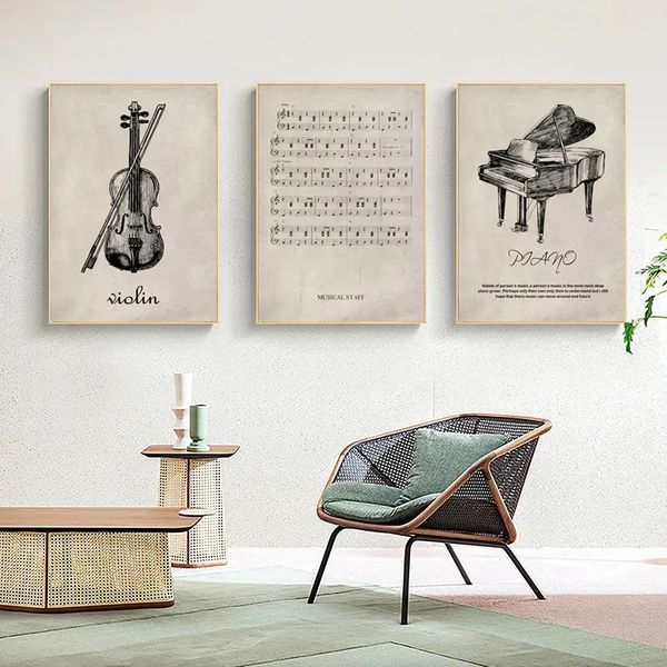 Retro Violine Klavier Poster und Drucke Notenblatt Nordic Leinwand Malerei Wand Kunst Bilder für Wohnzimmer Künstler Schlafzimmer Home Decor Wo6