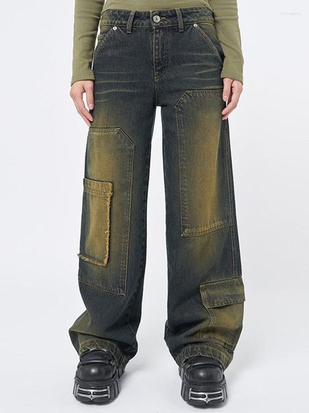 Jeans da donna Kalevest Y2K Baggy Green Vintage Donna Grunge Denim Pantaloni patchwork a vita alta Tasche moda retrò Pantalones 2023