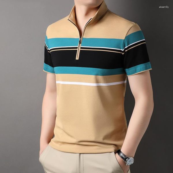 Herren Polos Top Grade Garngefärbte Baumwolle Reißverschluss Sommer Marke Gestreiftes Poloshirt Kurzarm Casual Tops Mode Kleidung Männer