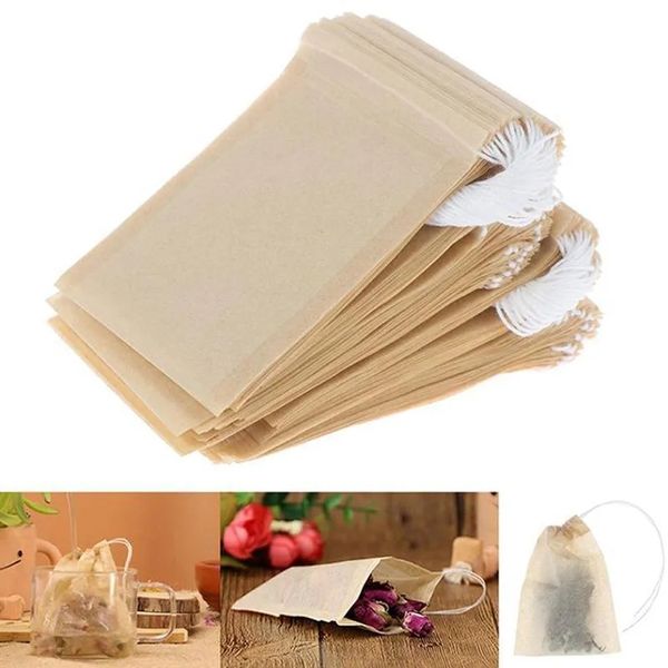 Saco de chá de papel filtros de chá natural polpa de madeira crua descartável infusor de chá sacos vazios com cordão bolsa 100 pçs/lote