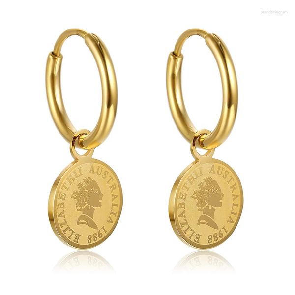 Brincos de argola dourados pequenos com pingente moeda personalizada/flor banhado a cristal 18k pendurado pendente para mulheres