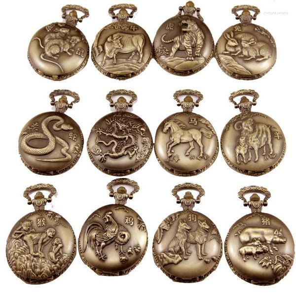 Taschenuhren 50 teile/los Vintage Die Zwölf Chinesische Sternzeichen Quarzuhr Männer Frauen Halskette Geschenk Großhandel