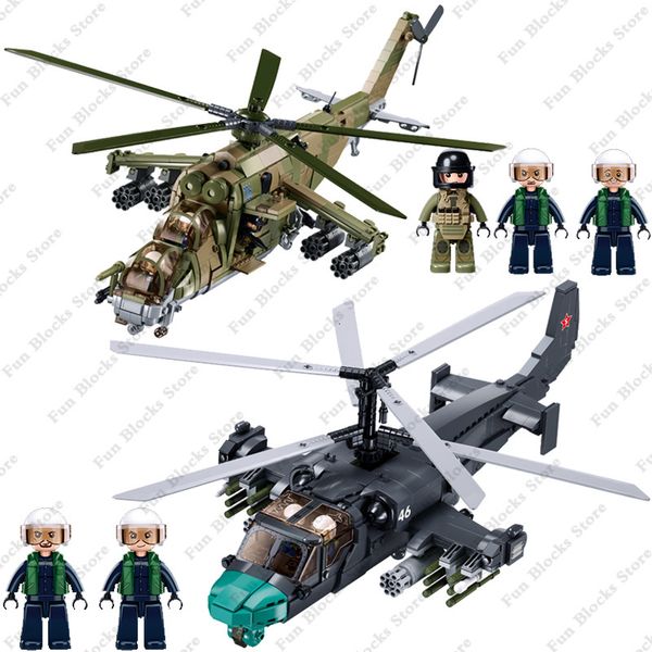 Carro Elétrico/RC Militar Rússia Avião WW2 MI-24 Kamov Ka-52 Helicóptero Blocos de Construção Segunda Guerra Mundial Exército Gunship Figura Tijolos Modelo Kit Brinquedos 230807