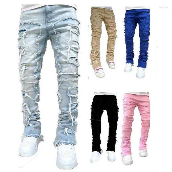 Jeans masculino punk desbotado vazado skinny tecido stick calça jeans Destruction 5 cores