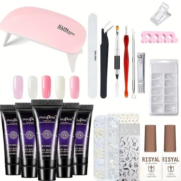 21 pçs/20 pçs kit de unhas de extensão de gel 5 cores gel de unhas falsas com led uv mini mouse lâmpada máquina de unha polonês secador para mulheres meninas, tudo em um kit de manicure para iniciantes