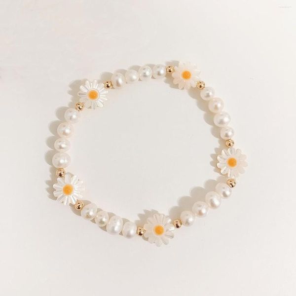 Strang Luxus Natürliche Süßwasser Perle Shell Daisy Blume Armband Für Frauen Geschenk Nette Sommer Schmuck Stretch Pulseras