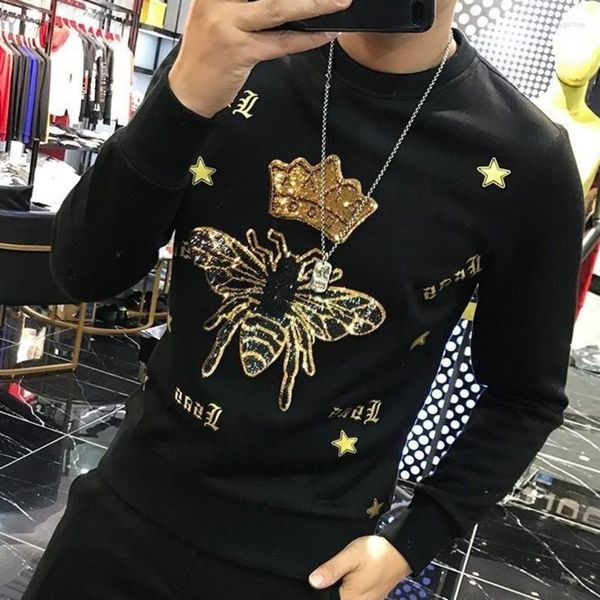 Herren Hoodies 2023 Frühling Trend Biene Krone bestickt O-Ausschnitt Pullover Sweatshirts Streetwear Langarm Männer Mode Strass Sweatshirt