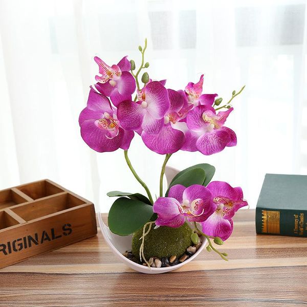 Fiori decorativi 3 Ramo Orchidea artificiale Fiore Piante in vaso Seta Phalaenopsis Foglia di schiuma Vaso di plastica Giardino finto Decorazioni per la casa Bonsai