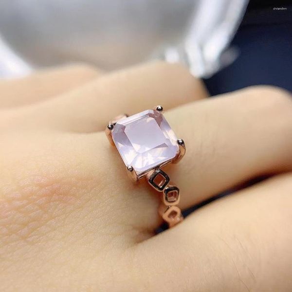 Cluster Anéis Rosa Rosa Anel de Quartzo Prata Esterlina Jóias Femininas Corte Asscher Pedra Preciosa Natural Promessa Presente Para Ela