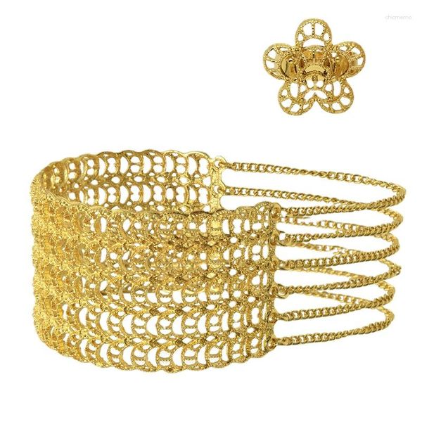 Halskette Ohrringe Set Öffnung Kupfer Armband Ring Dubai Braut Überzug Sand Gold Hohl Mesh Kette Quaste Handstück
