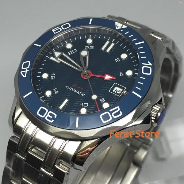 Relógios de Pulso 41mm Relógio Masculino Caixa Prateada Automático Mostrador Azul GMT Movimento Data Janela Vidro de Safira Marcas Luminosas Relógio de Pulso