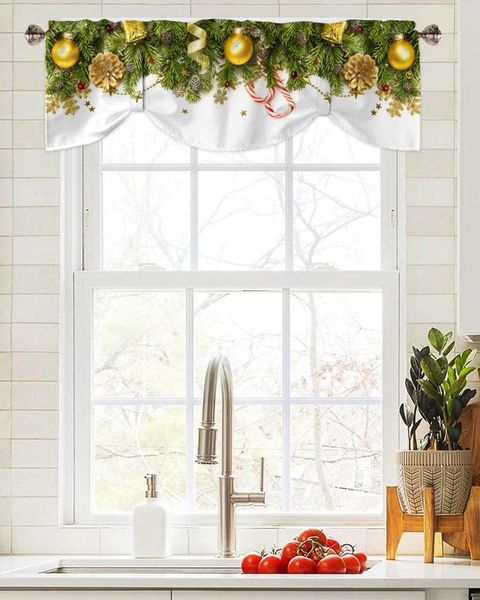 Vorhang, weihnachtlich, mit Tannennadeln, Lichtern, Fenster, Wohnzimmer, Küche, Schrank, zum Binden, Volant, Stangentasche