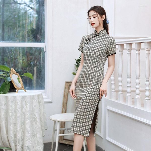 Vestuário étnico verão melhorado xadrez cheongsam jovens meninas literário retrô de comprimento médio estilo tradicional chinês vestido de noite qipao para