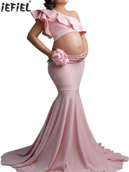 Vestidos de Grávida Rosa Vestido de Fotografia de Maternidade Um Ombro Cor Sólida Sexy Sereia 2 Pçs Conjunto para Grávidas Foto Vestido Longo Roupa de Festa HKD230808