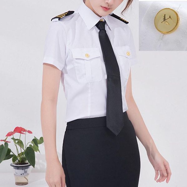 Damenblusen, Flugzeug-Knopf, Damen, kurzärmelig, weiß, Airline-Pilot-Uniform, Friseur, modisch, schmale Passform, Schwarz, Arbeitskleidung, große Größe