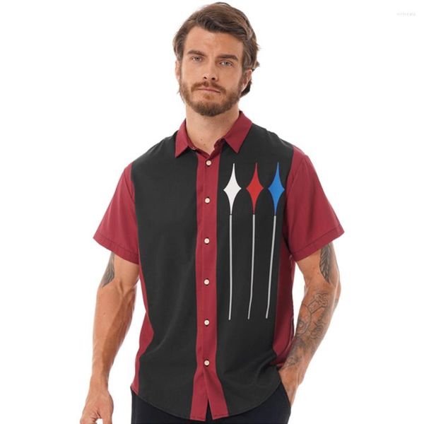 Camisas masculinas casuais Camisa vintage de manga curta com botões Camiseta dos anos 50 Color Block Listrada Gola com fenda