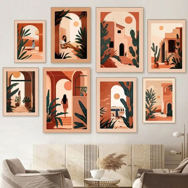 Boho Terracotta Иллюстрация холст рисовать марокканские летние плакаты и принты стены художественные картин